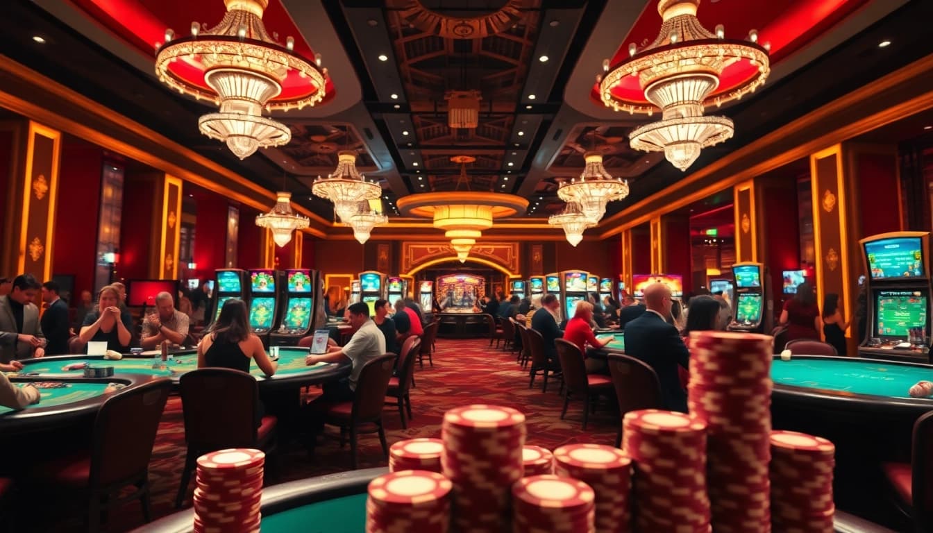 Permainan togel389 di meja kasino dengan pemain antusias dan dekorasi mewah.