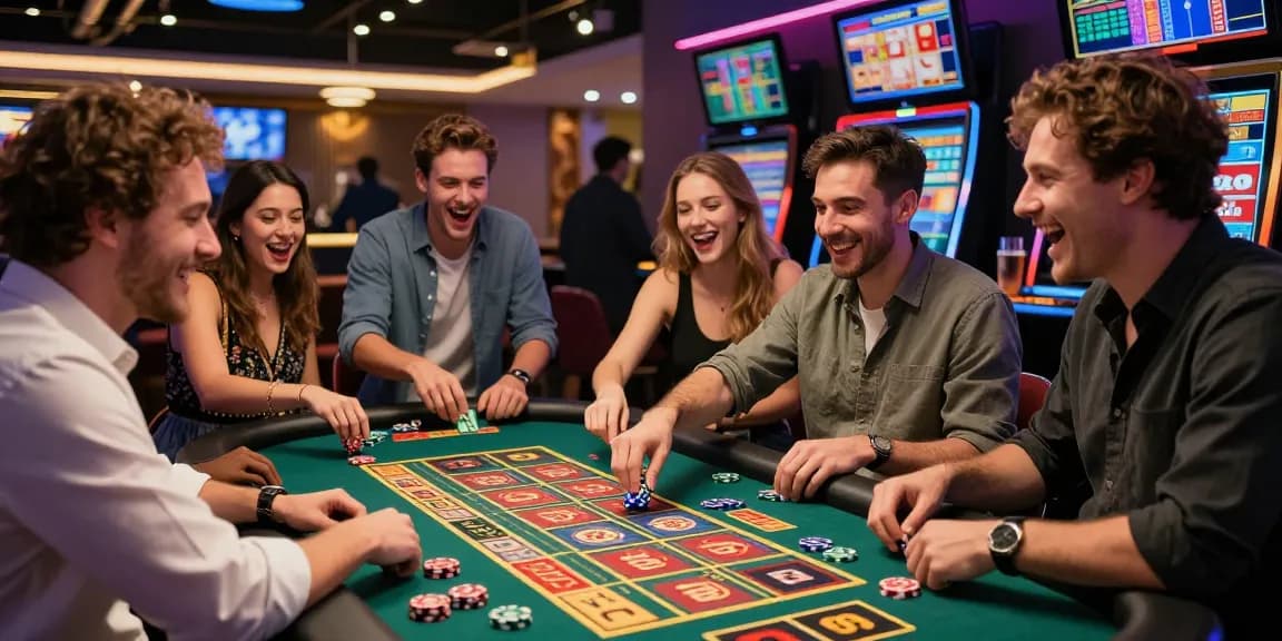 Pemain rajatogel bersenang-senang di meja kasino dengan tiket dan chips berwarna-warni.