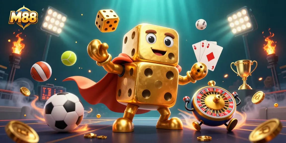 Engage with M88's vibrant gaming universe featuring a golden dice golem and sports elements.