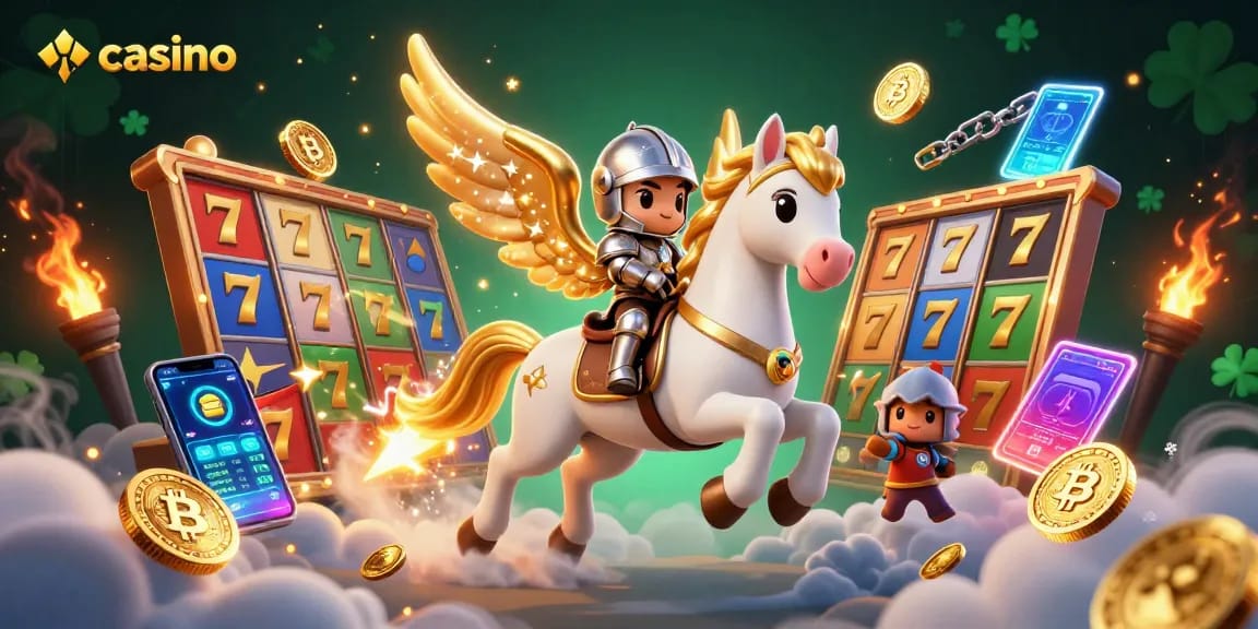 Spin the reels at this vibrant casino scene showcasing a celestial horse and knight amidst glowing gaming elements.