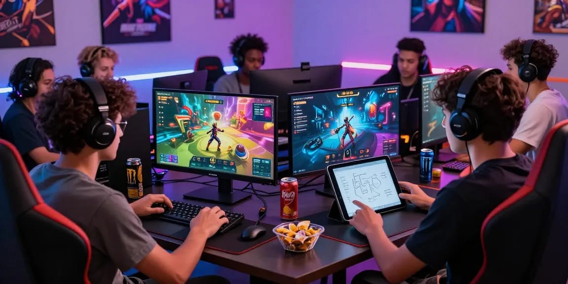 Players enjoying cika4d on multiple devices in a vibrant gaming setup with snacks and LED lights.