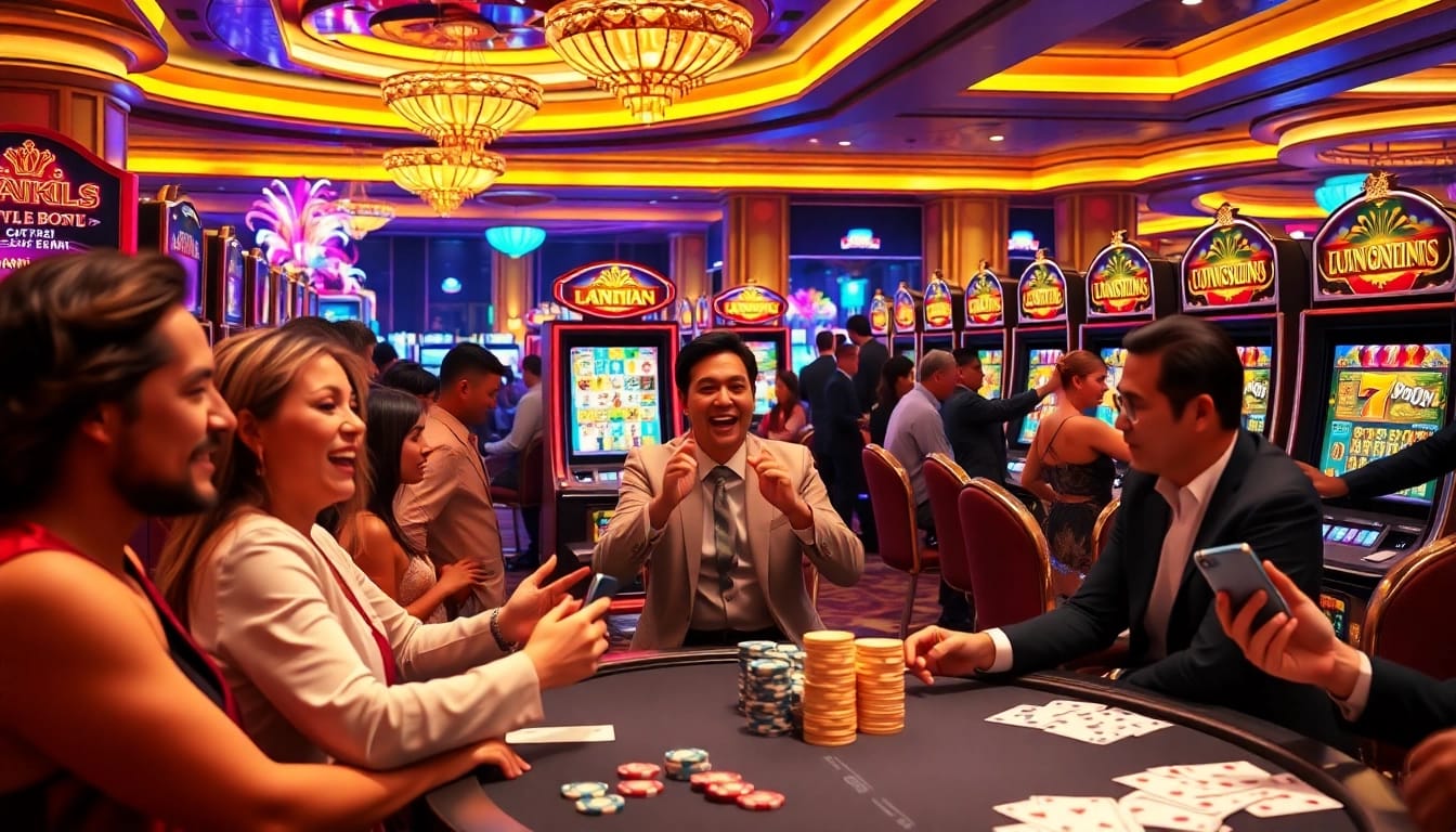 Players celebrating big wins on slot88 machines in a luxury casino setting.