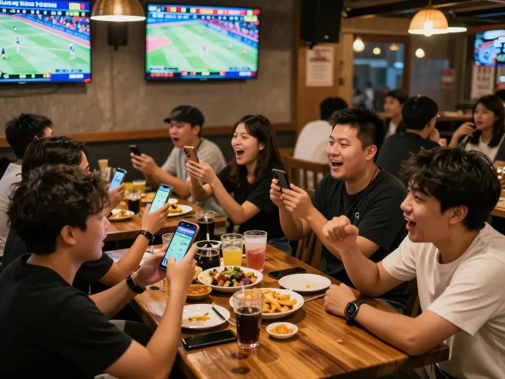 Fans engaging in sports betting while enjoying live games on Lương Sơn TV at a vibrant sports bar.