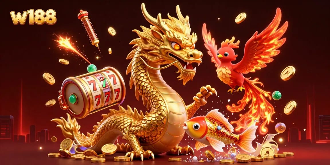 Experience thrilling slots with w188 featuring a golden dragon, koi fish, and vibrant 3D elements.
