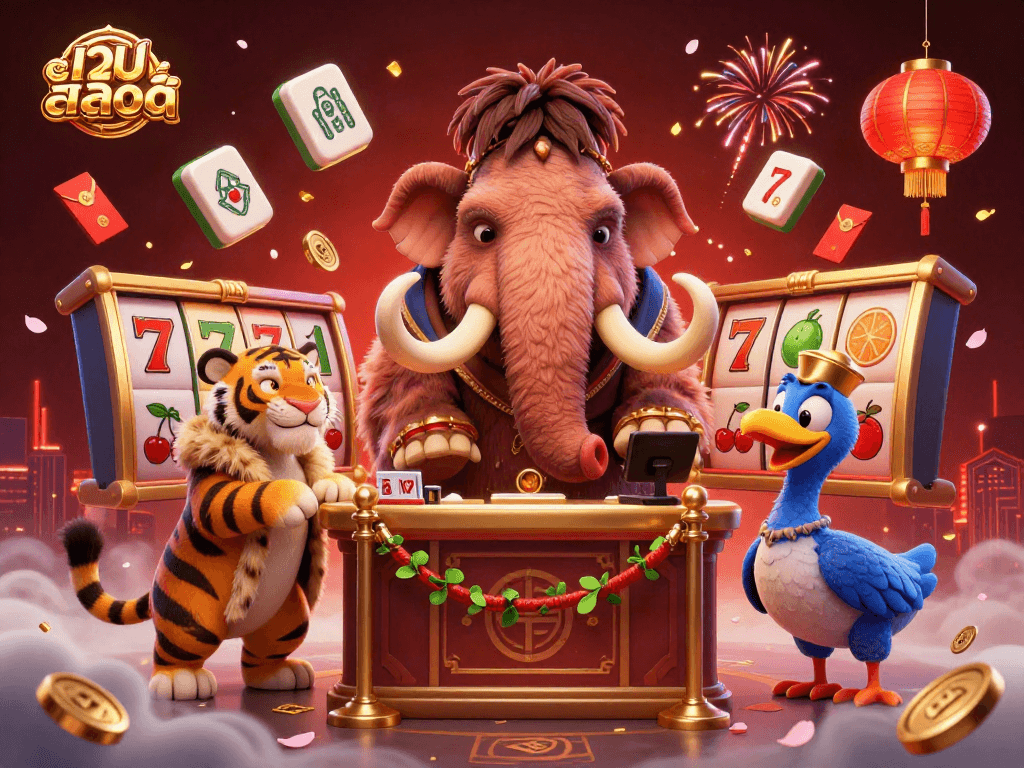 Experience เว็บสล็อต excitement with a dynamic scene featuring a woolly mammoth bouncer and vibrant slot reels.