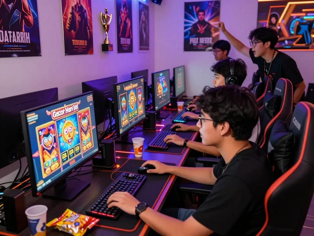 Slot gacor hari ini gaming scene with friends enjoying a lively online slot game session.