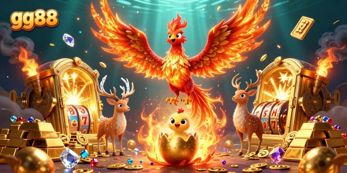 Experience big wins at gg88 with a vibrant casino scene featuring a mythical phoenix and treasures.