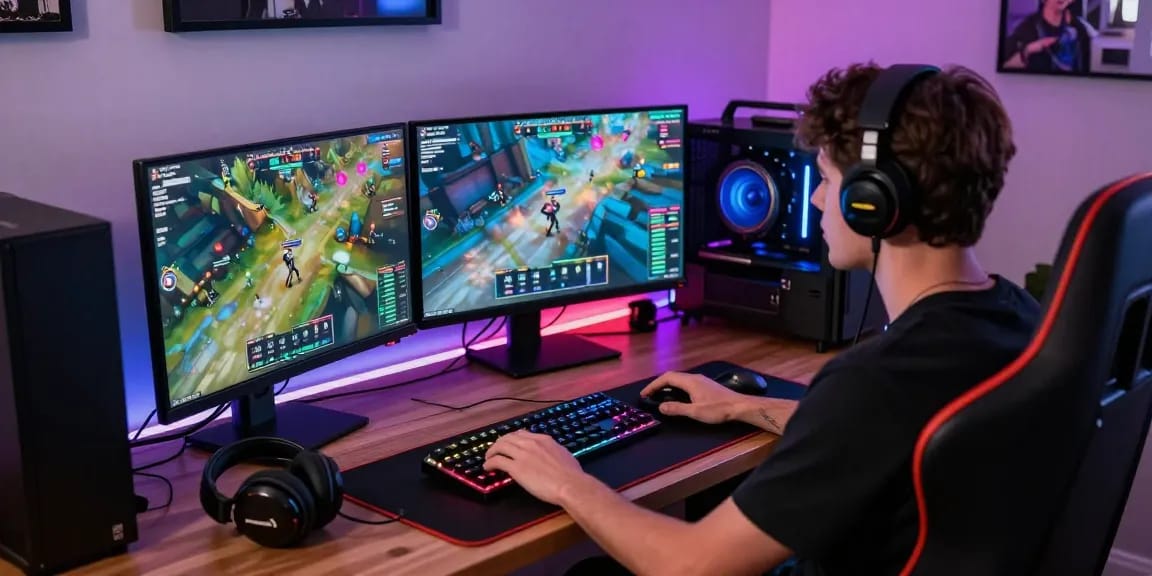 Mahajitu online gaming scene with player using multiple screens showcasing vibrant metrics and chat.
