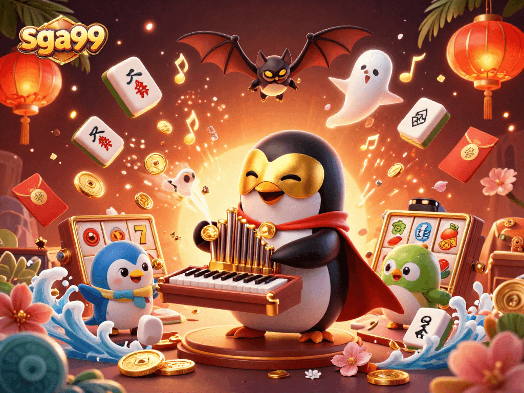 Experience the excitement of sga99 with a vibrant casino scene featuring a penguin playing an organ filled with coins.