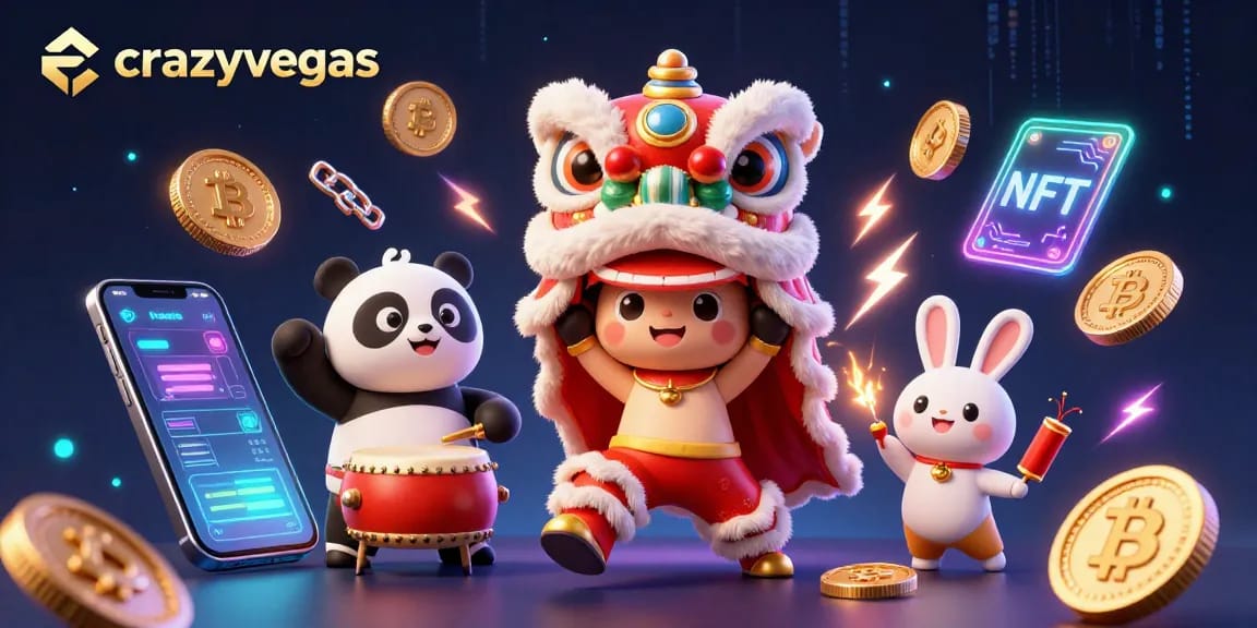 Experience the excitement of crazyvegas with a vibrant 3D casino scene featuring crypto elements and a lion dance.