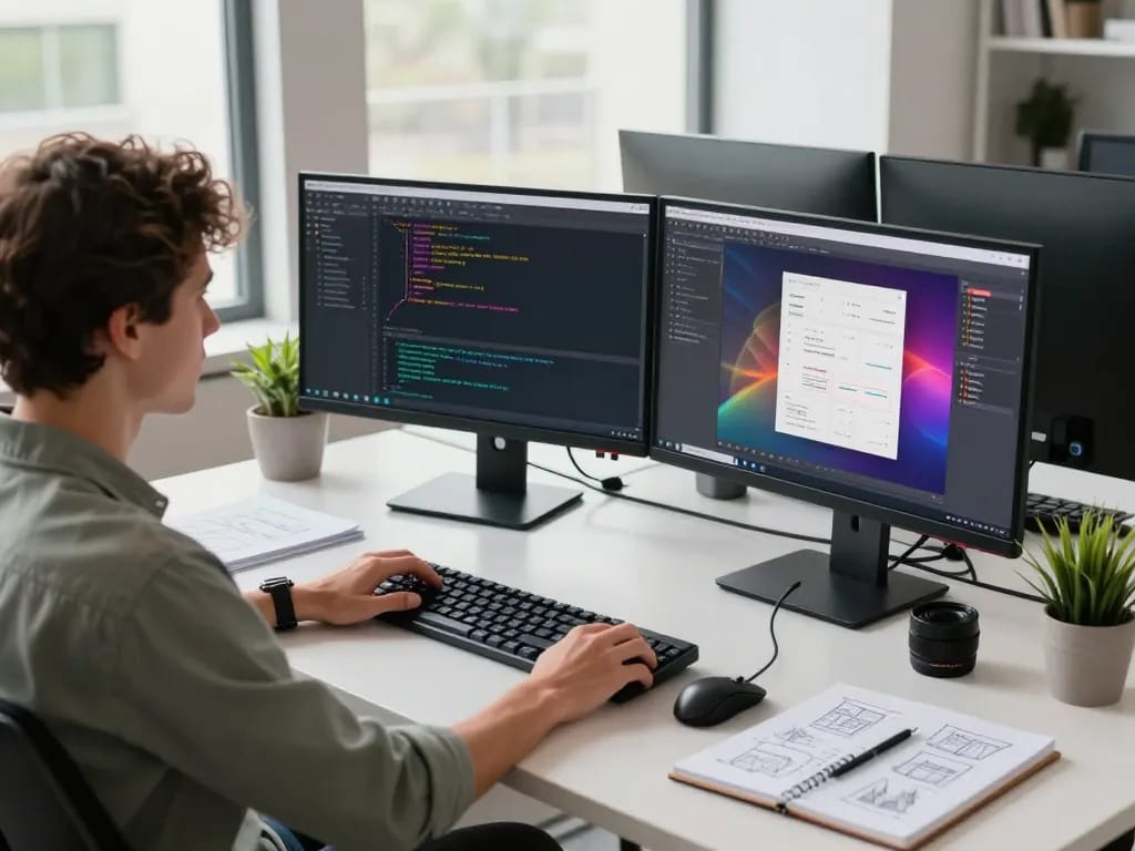 OpenClaw's software developer working in a modern office with dual monitors showcasing code and interface design.