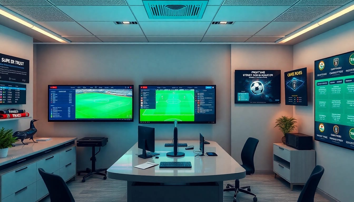 Professional betting office showcasing trangcacuocbongda with screens displaying football odds and live matches.