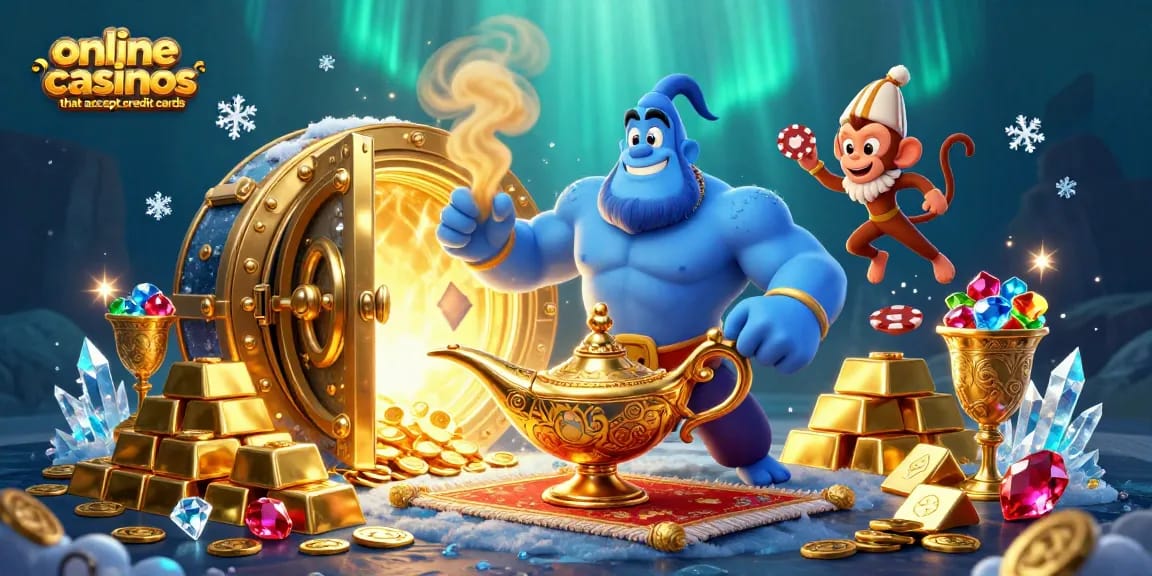 Play exciting games at online casinos that accept credit cards with colorful gems and casino elements.