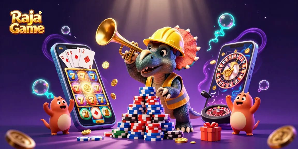 Play exciting slots and games with Raja Game, featuring a triceratops and fun casino elements.