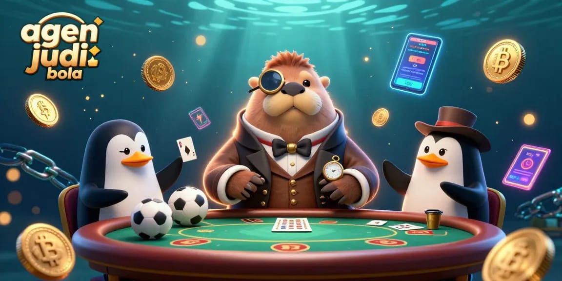 Join the fun with agen judi bola at an underwater poker table with cool characters and vibrant crypto elements.