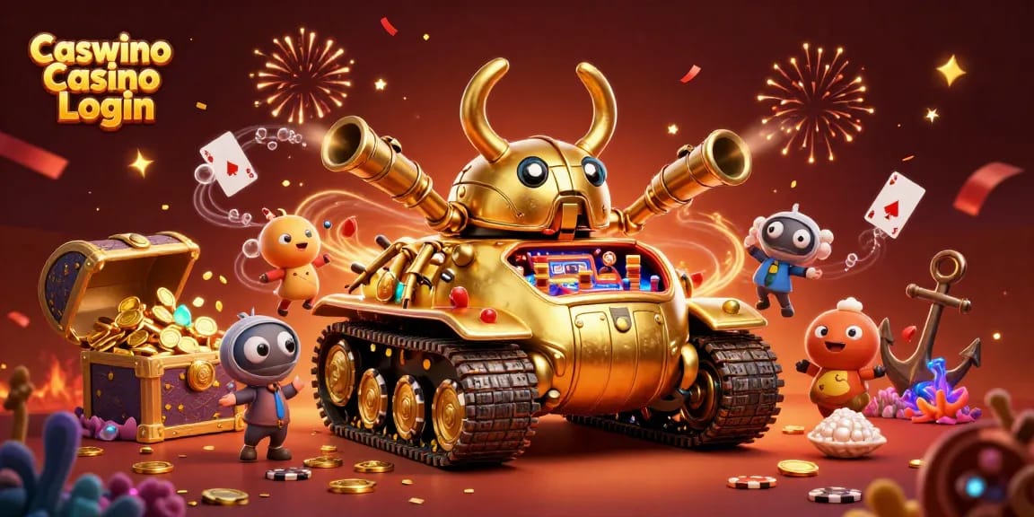 Experience the excitement of Caswino Casino Login with a vibrant 3D illustration featuring a golden beetle tank casino and dynamic gaming elements.