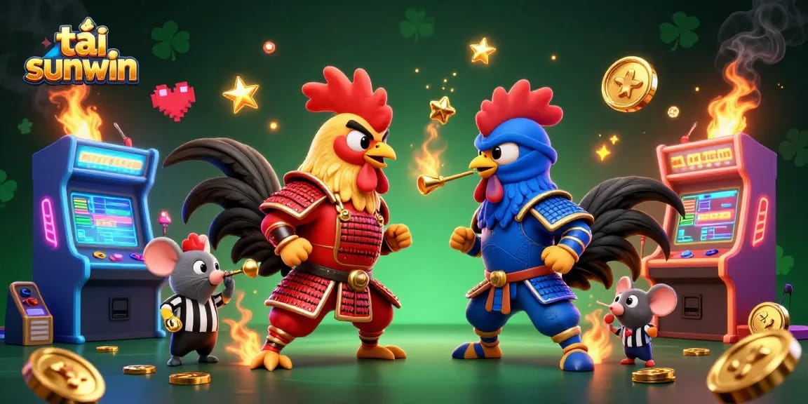 Engage with tải sunwin while watching twin roosters battle in an exciting casino-themed scene.