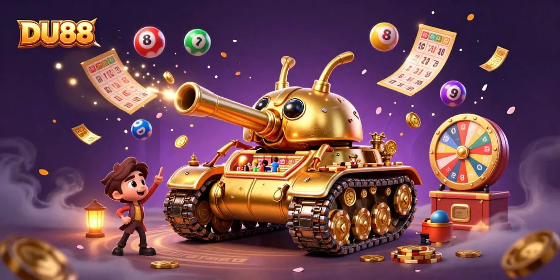 Join the excitement at DU88 with an engaging 3D casino scene filled with confetti and colorful lottery balls.