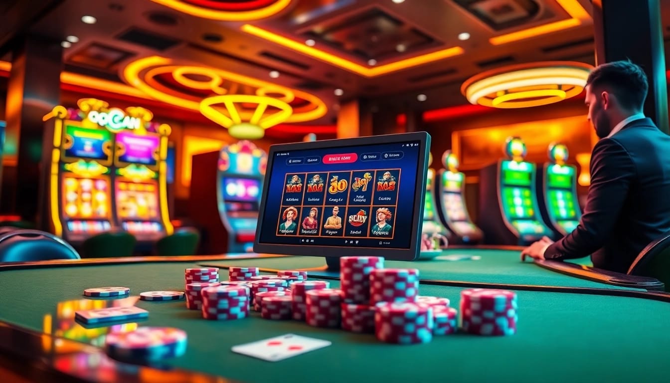 Experience the excitement of qqmacan slot with colorful machines, chips, and vibrant casino ambiance.