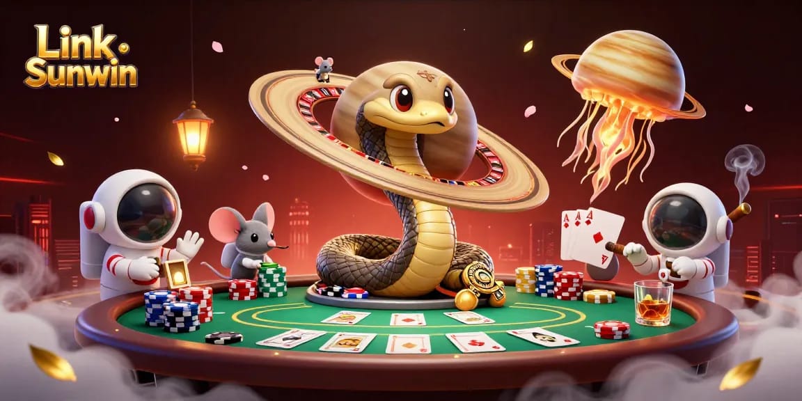 Engage in exciting gaming action with Link Sunwin, where poker meets cosmic bets in this vibrant illustration.