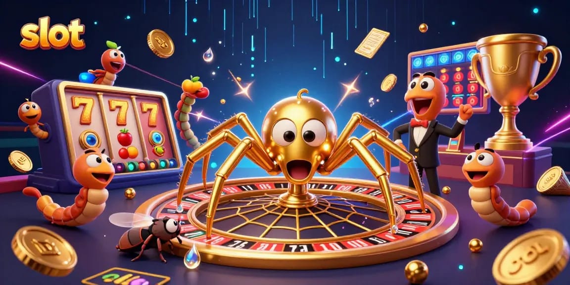 Permainan slot yang seru, dengan laba-laba emas menghias roda roulette dan pemain bertaruh di tepiannya.