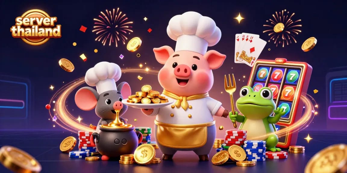 Experience the thrill of server thailand with dynamic casino action featuring golden coins, slot reels, and lively characters.