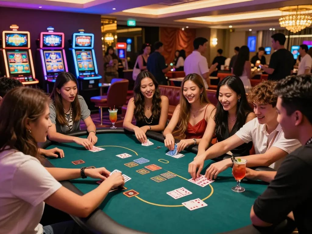 Friends enjoying a lively casino hong kong night at a poker table, vibrant lights and cocktails.