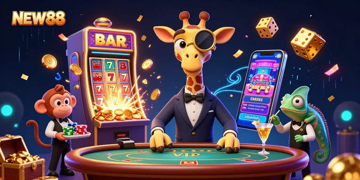 Experience the vibrant world of NEW88 casino with a high-roller giraffe, monkey valet, and chameleon bartender.