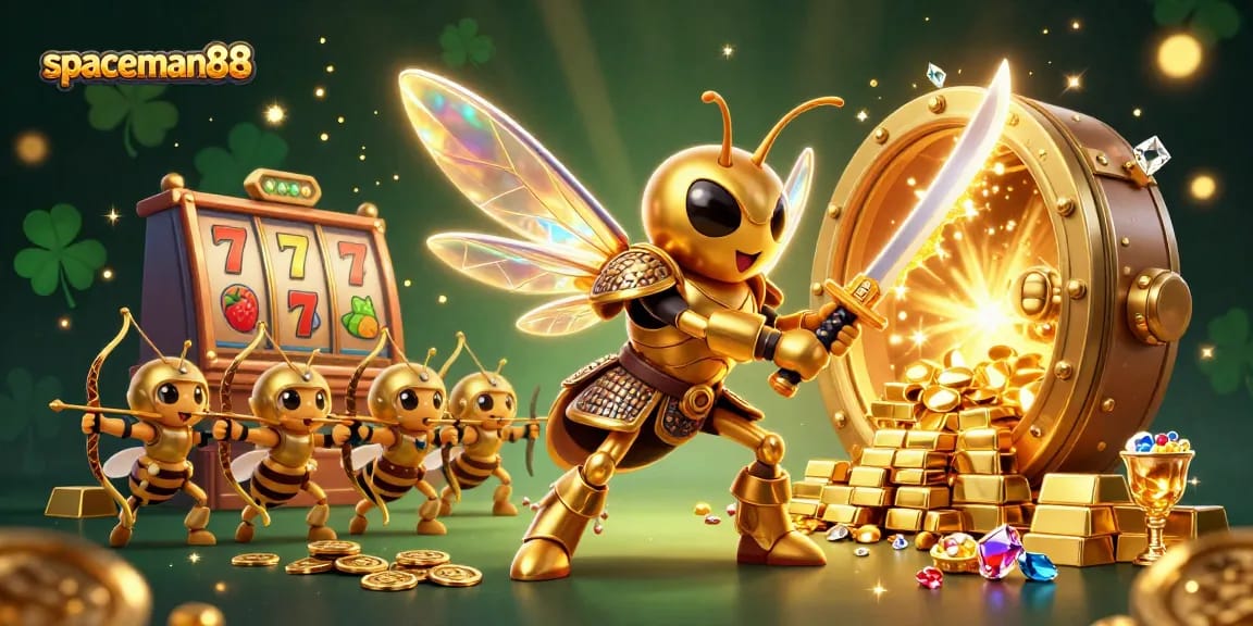 Engage with exciting gameplay at spaceman88, featuring a vibrant casino scene with slot reels and treasures.