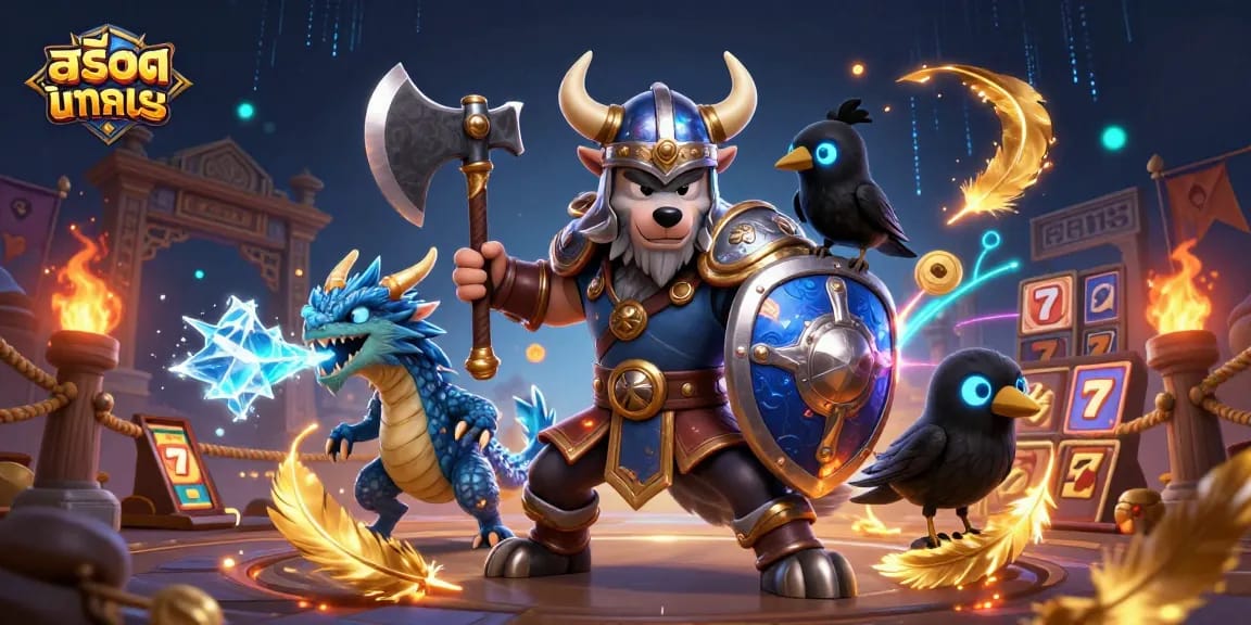Engage with สล็อตทดลอง in an action-packed 3D illustration featuring Viking warriors and dragons at a vibrant slot arena.
