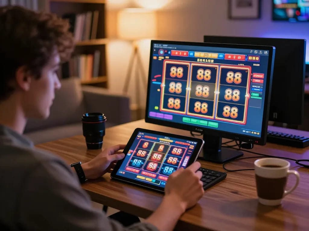 Engaging with open 88 online gaming interface on a tablet in a cozy home environment.