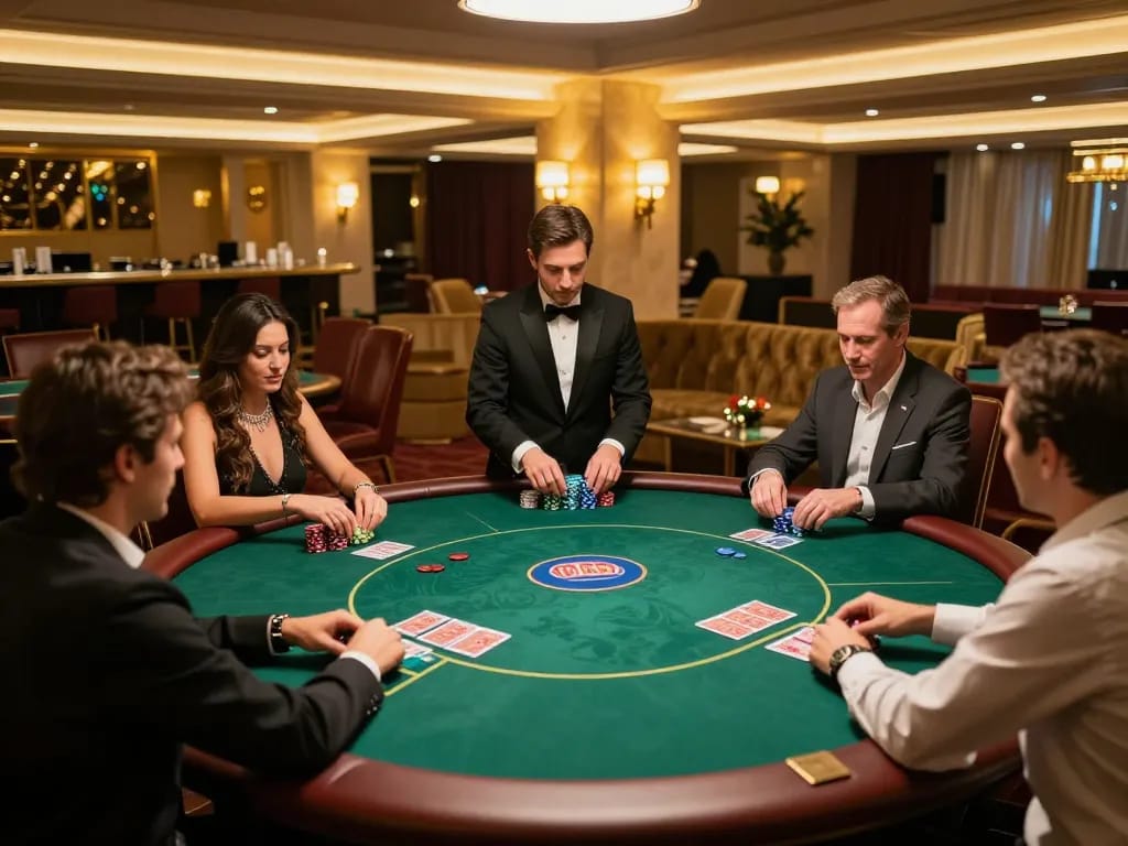 Bongdalu VIP players engaged in an exclusive poker game in a luxurious casino setting