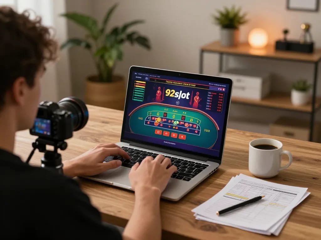 Engaging online gaming scene on 92slot with a player focused on live dealer games and strategy notes.