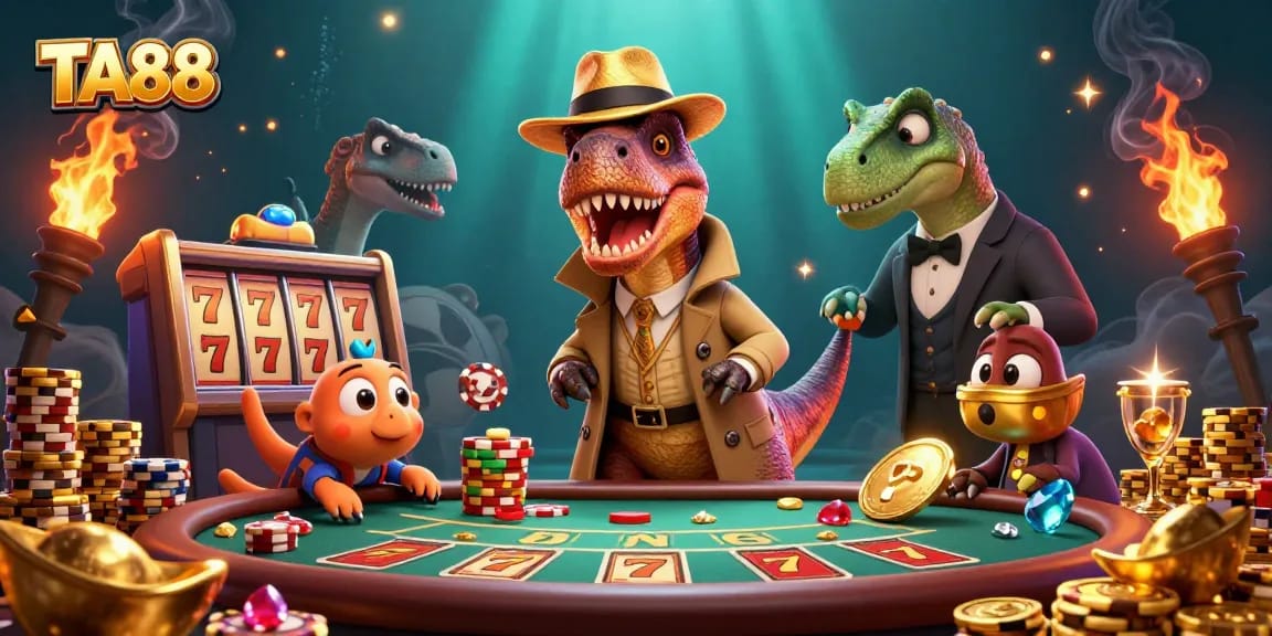 TA88 velociraptor card counter plays blackjack, stealing attention amidst dazzling casino treasures.