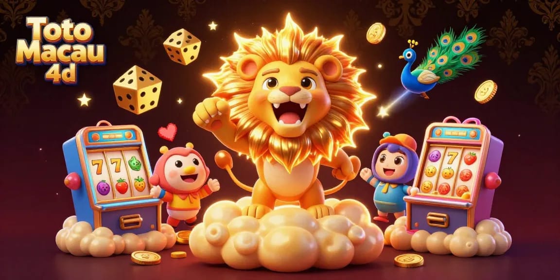 Engage with Toto Macau 4d's dynamic scene featuring a roaring sun lion and vibrant slot machines.