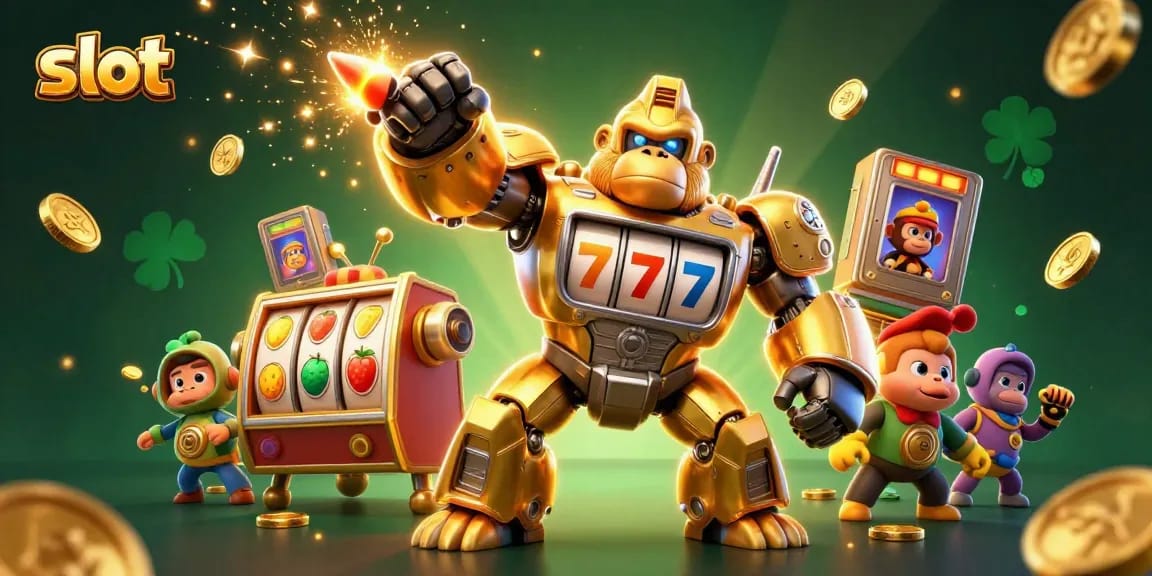 Putaran slot mengasyikkan dengan gorila emas dan simbol buah berkilau dalam suasana yang penuh energi.