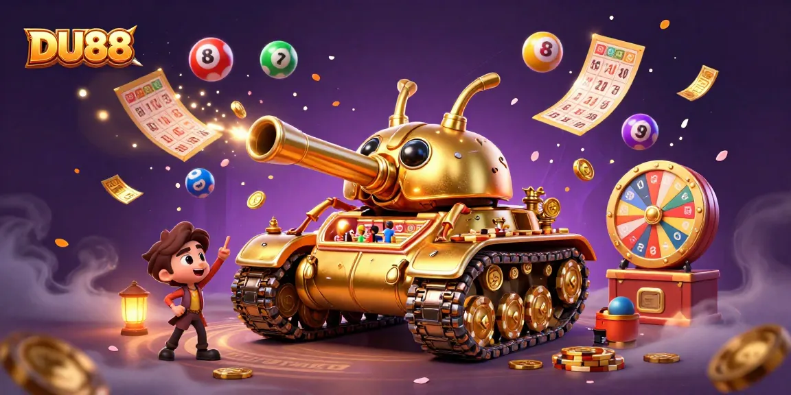 Join the excitement at DU88 with an engaging 3D casino scene filled with confetti and colorful lottery balls.