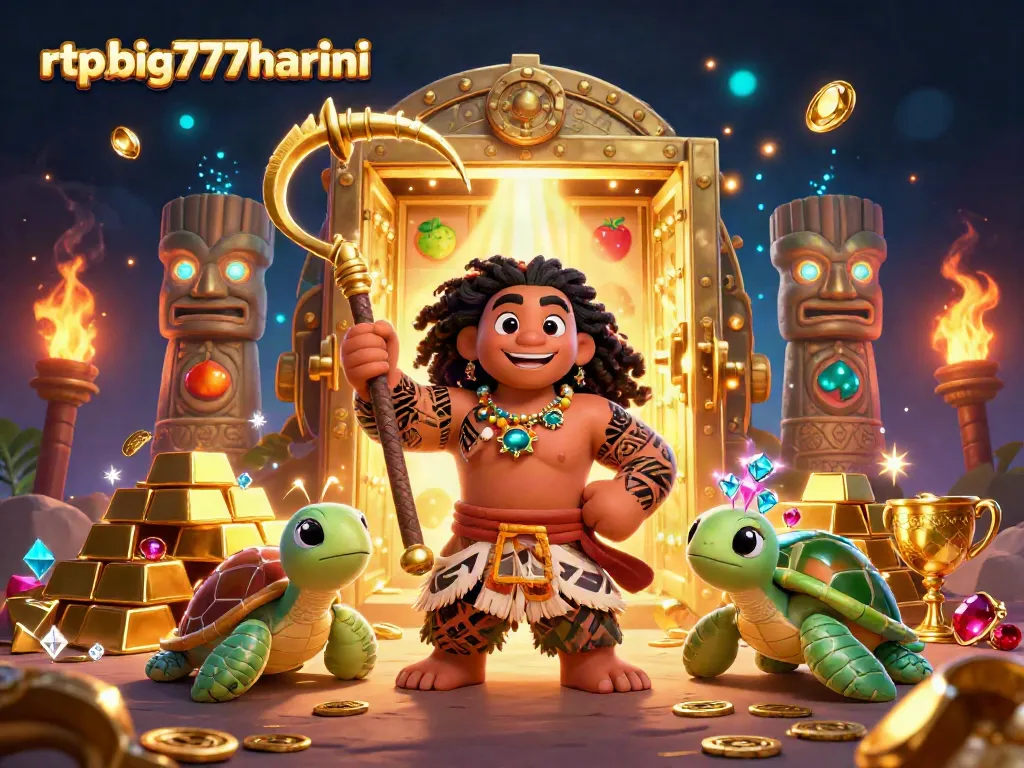 Spin to win with rtpbig777hariini, featuring a whimsical hawk character surrounded by dazzling casino treasures and slot game elements.