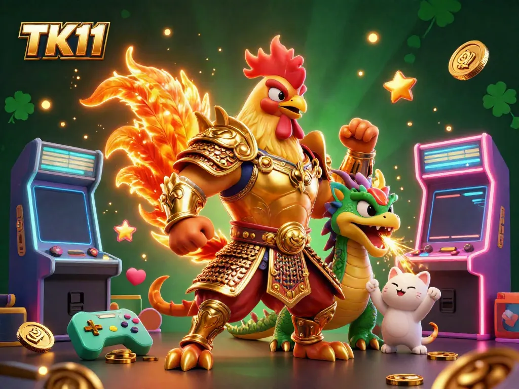 Experience the thrill of TK11 with vibrant characters and arcade elements in this 3D casino illustration.