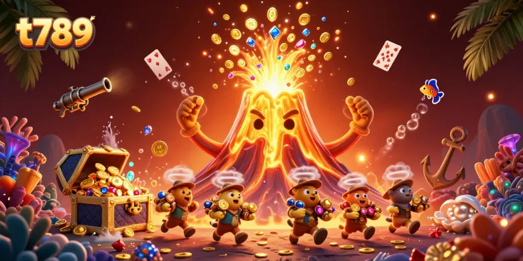 T789 players enjoy a vibrant casino scene with golden treasures, underwater elements, and dynamic game action.