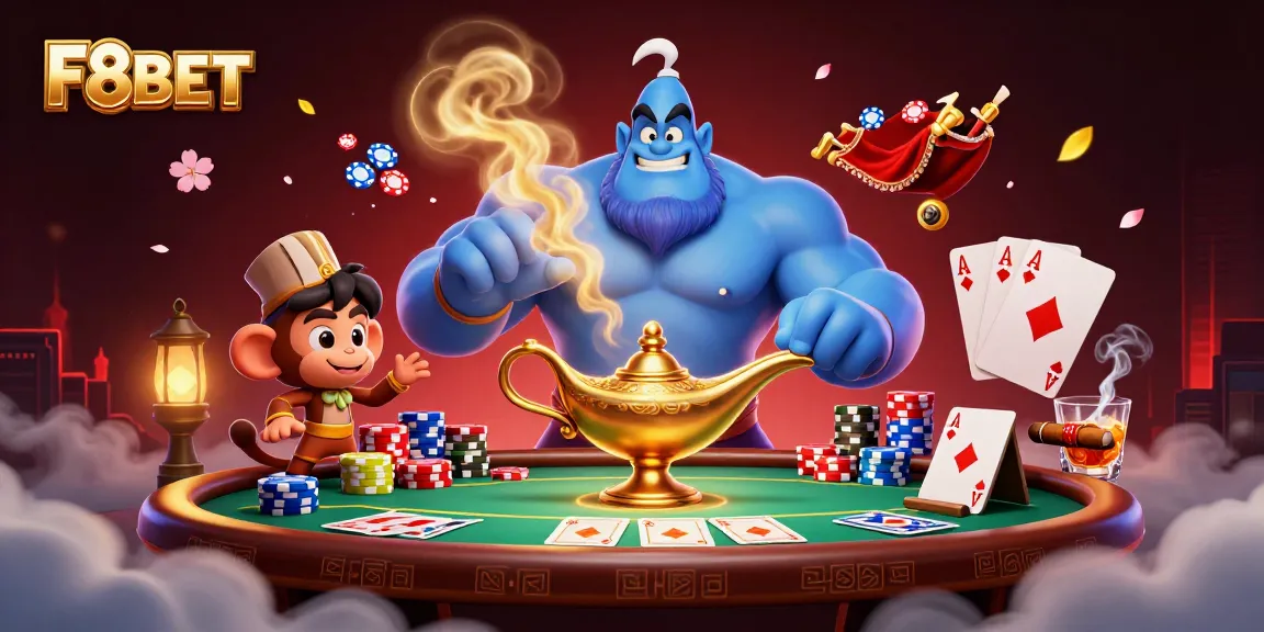 F8BET offers a vibrant casino experience with a blue genie, poker chips, and immersive gaming elements.