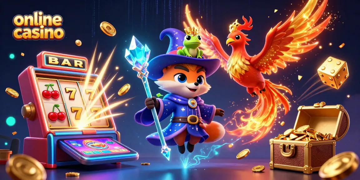 Engaging online casino scene with a wizard fox, phoenix, and treasure elements