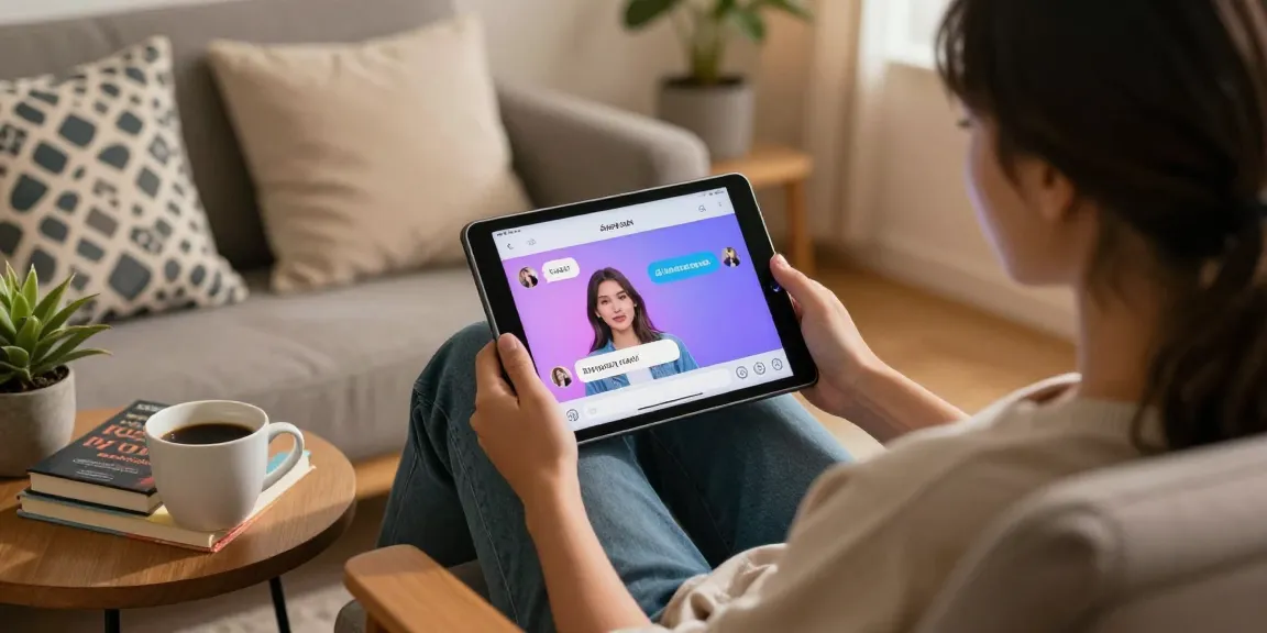 Enjoying ai spicy talk with a virtual companion in a cozy setting.