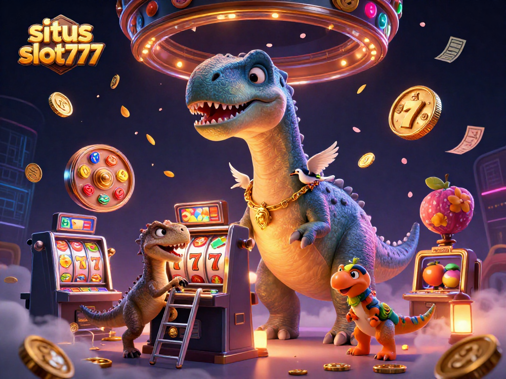 Situs slot777 reveals vibrant slot action with a brontosaurus and raptor in a dynamic casino scene.
