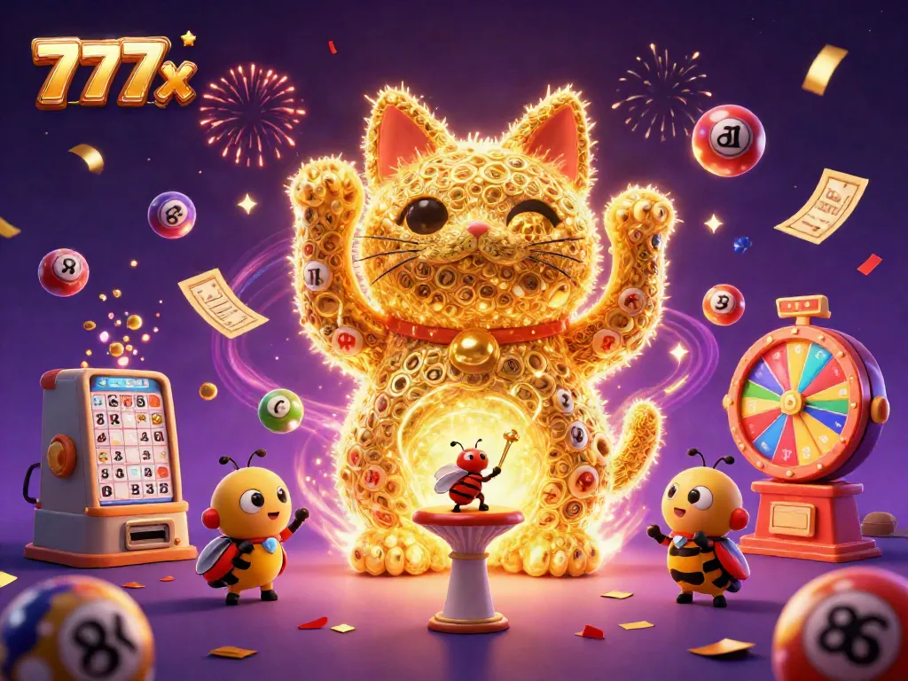 Experience the thrill of 777x with a golden cat, colorful lottery balls, and celebratory elements in a vibrant casino scene.
