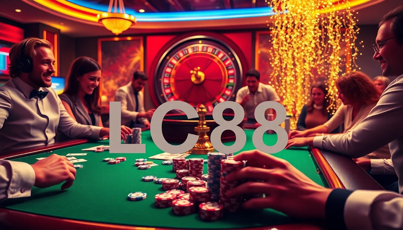 Players enjoying an exciting game at the LC88 casino table with vibrant chips and cards.