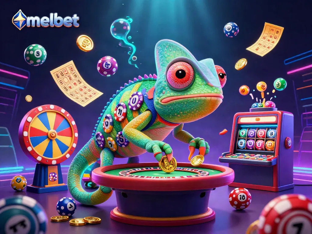 Experience vibrant casino excitement with melbet's colorful chameleon host in an immersive gaming scene.
