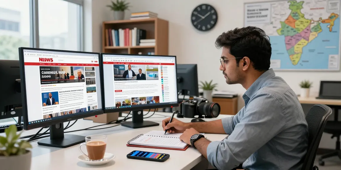 Dynamic journalist creating news content at https://www.theindaily.com, highlighting current Indian events with multiple screens.