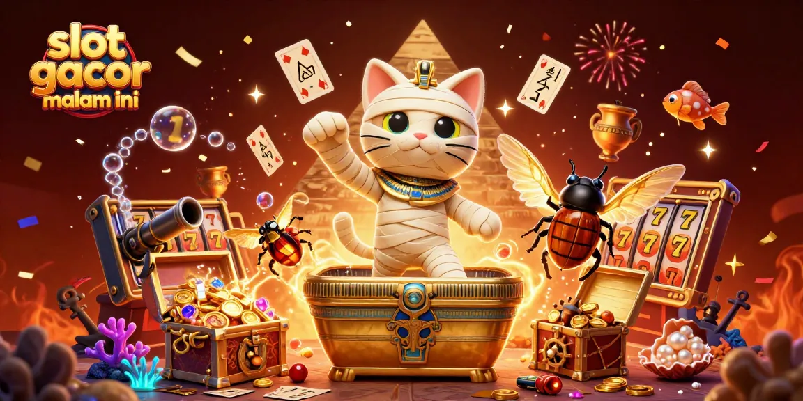 Experience slot gacor malam ini with a lively scene featuring a mummy cat and vivid casino elements.