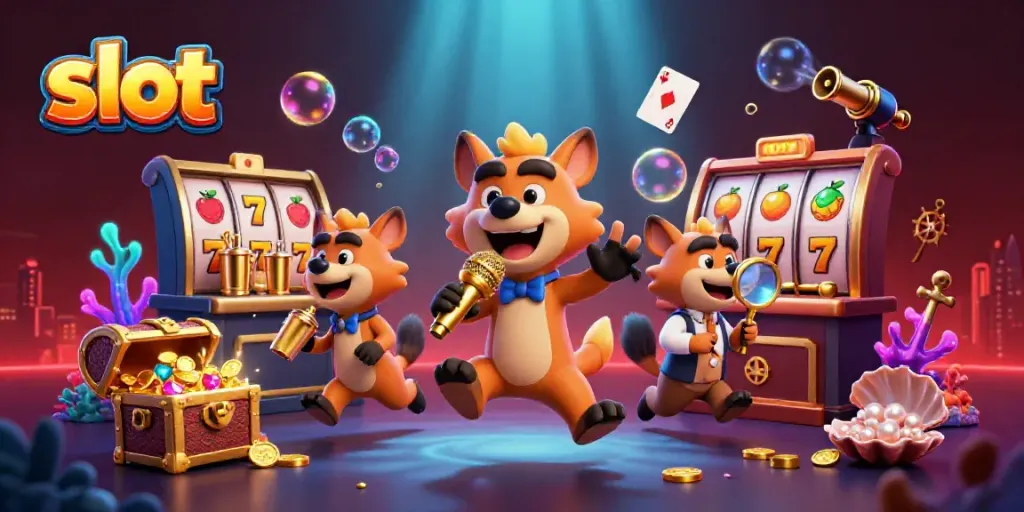 Slot-themed hyenas performing comedy and bartending in a lively casino club.